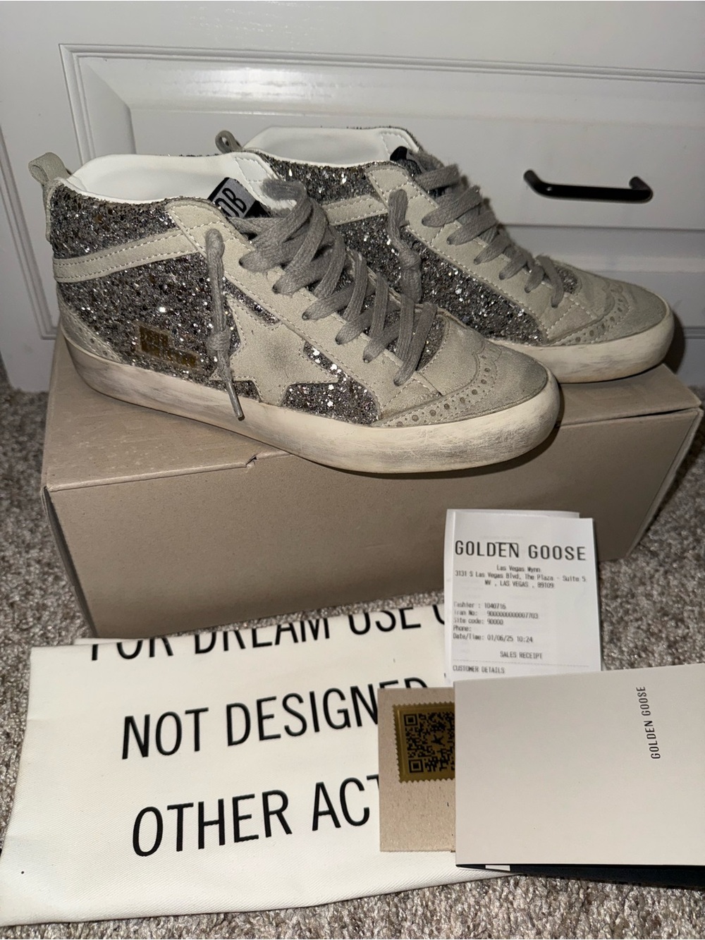 Golden Goose White and Silver Glitter Midstar Sneakers Size 36